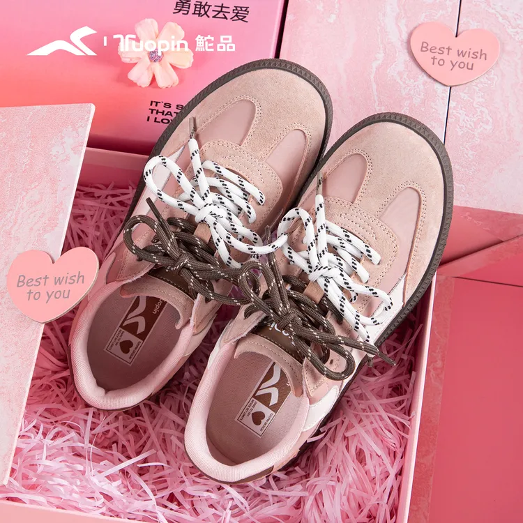 鮀品粉色真皮德训鞋女2025秋新款百搭小众轻便军训板鞋休闲运动鞋