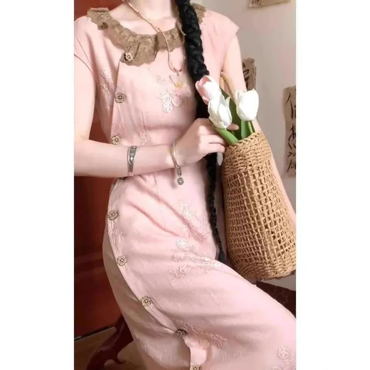 夏季新款高级感气质简单大方得体收腰新中式国风粉色连衣裙子