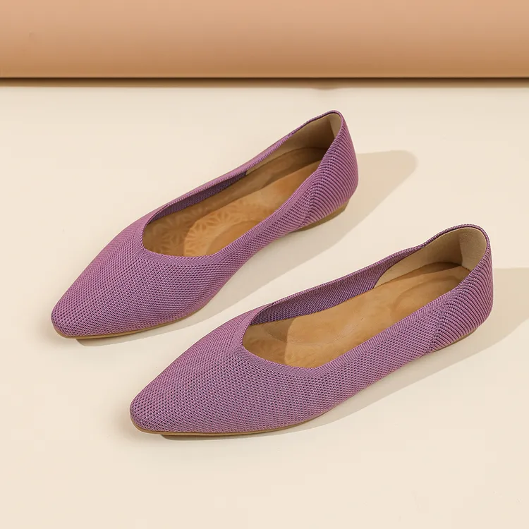 可机洗飞织王妃鞋外贸尖头针织透气裸穿鞋踩屎感鞋垫内车缝线平底