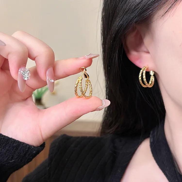 925银针双层耳圈金色碎冰冰耳扣百搭耳饰品轻奢