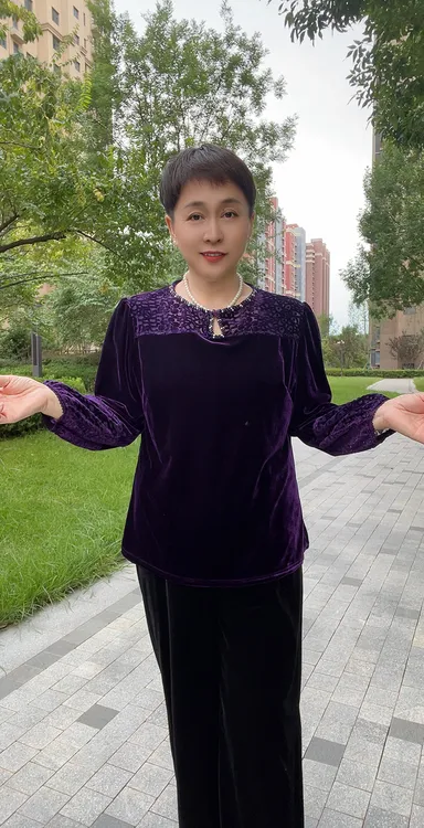 精品新款秋季宽松显瘦金丝绒妈妈装洋气拼接中老年女装纯色上衣