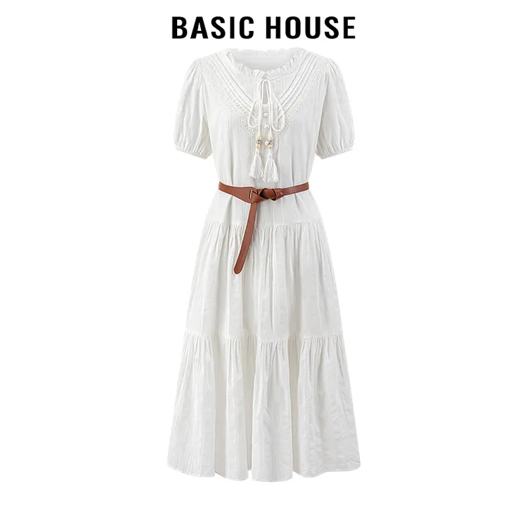 百家好/BasicHouse木耳边系带腰带长款连衣裙年气质短袖长裙2024