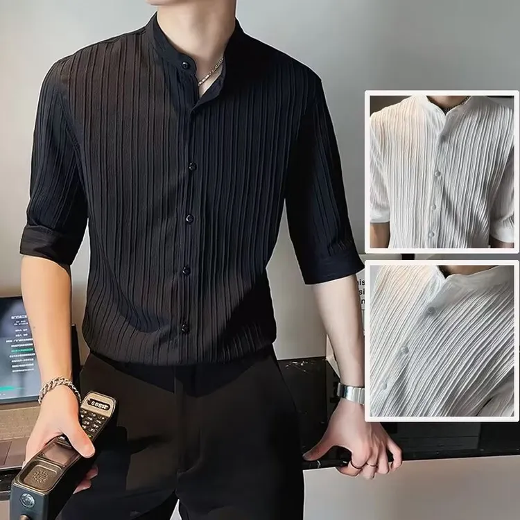 立领男短袖亚麻衬衫五分中袖冰丝条纹男士夏季薄款白衬衫黑色衬衣
