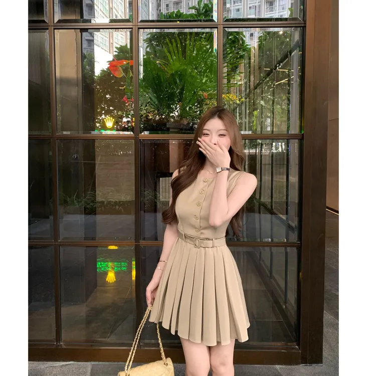 SZA【曼塔情书】夏季新款韩系气质无袖纽扣简约显瘦百褶短裙A-2087