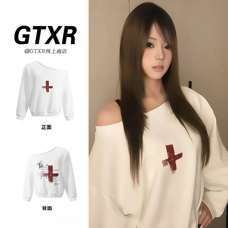 韩系长袖露肩简约十字架印花卫衣女秋季新款甜妹设计感小众上衣
