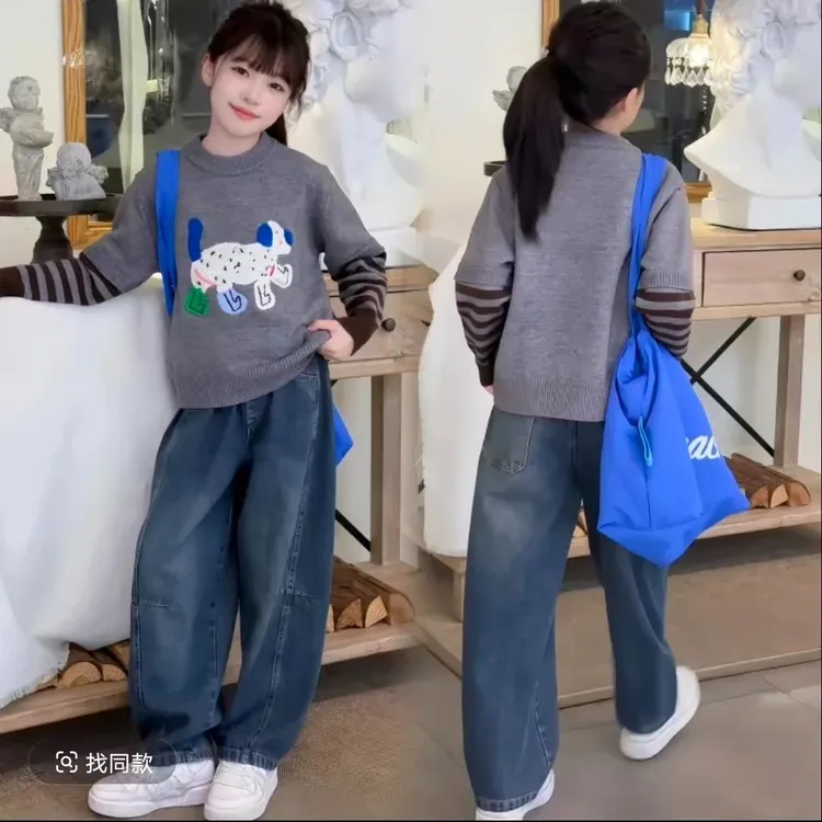 女童假两件毛衣套装秋冬装2025新款女大童加绒弯刀牛仔裤两件套潮