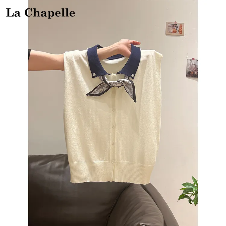 拉夏贝尔2025年撞色polo纽扣针织开衫背心女夏学院风宽松显瘦上衣