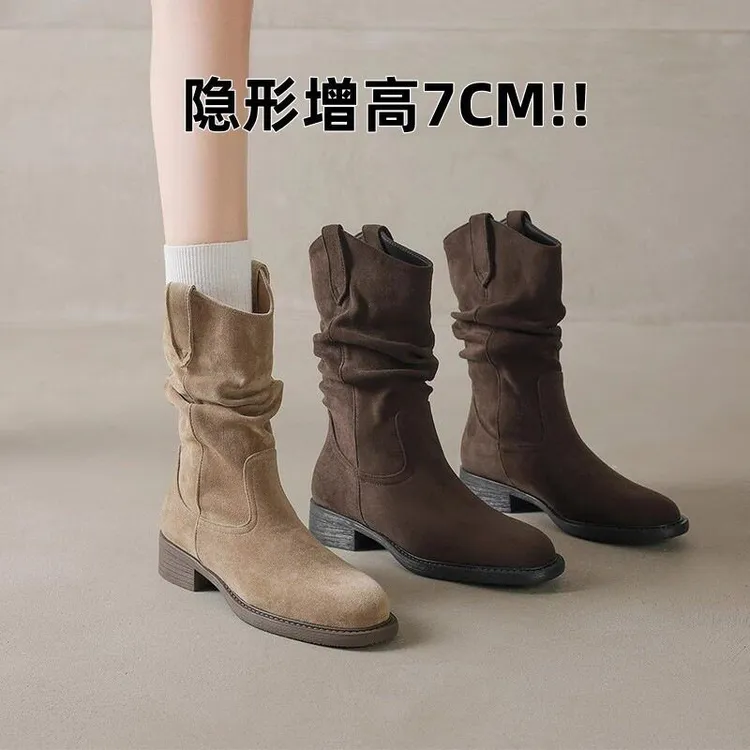 2025春秋小个子西部内增高马丁靴单靴靴女引力靴新款堆堆靴