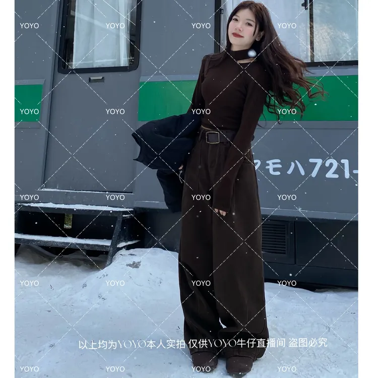 YOYO自制2【焦糖骑士】加绒加厚冬款显瘦时尚设计感阔腿拖地裤