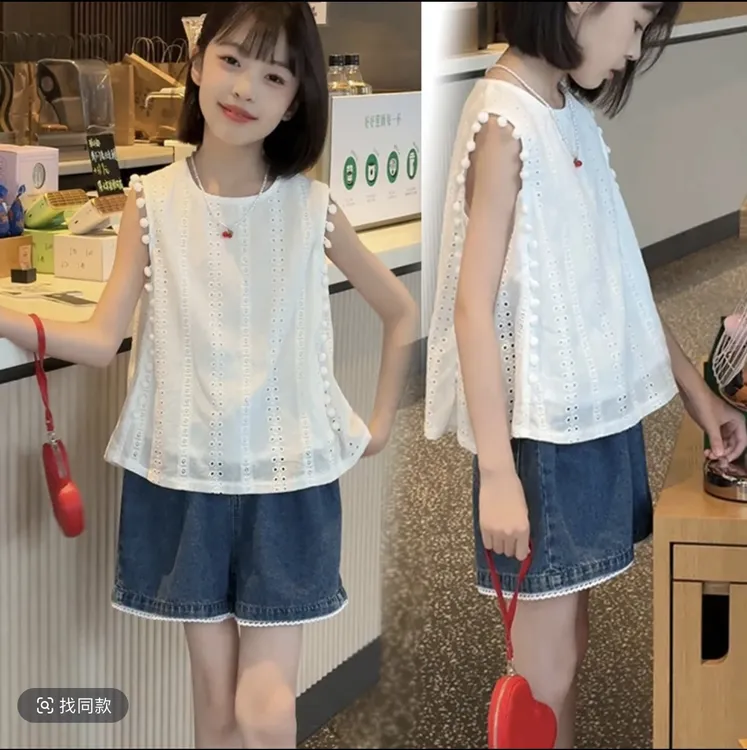 女童夏季套装2025新款儿童洋气无袖上衣中大童牛仔短裙裤两件套薄