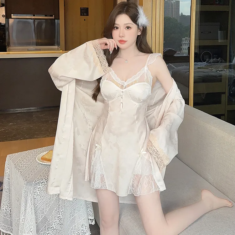 夏季新款冰丝睡衣女性感蕾丝吊带裙睡袍缎面提花小胸聚拢带胸