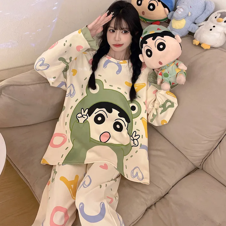 蜡笔小新纯棉睡衣女款春秋季长袖卡通可爱学生大码全棉家居服套装