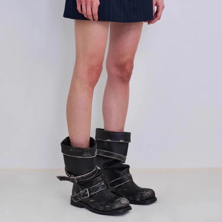 张元英同款皮带扣堆堆靴粗跟复古做旧中筒靴韩版靴子小众工装靴女