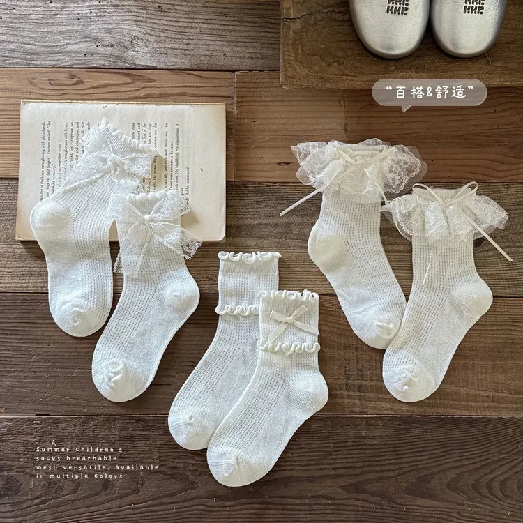 女童袜子儿童夏季薄款洛丽塔女孩蕾丝花边公主蝴蝶结甜美白色长袜