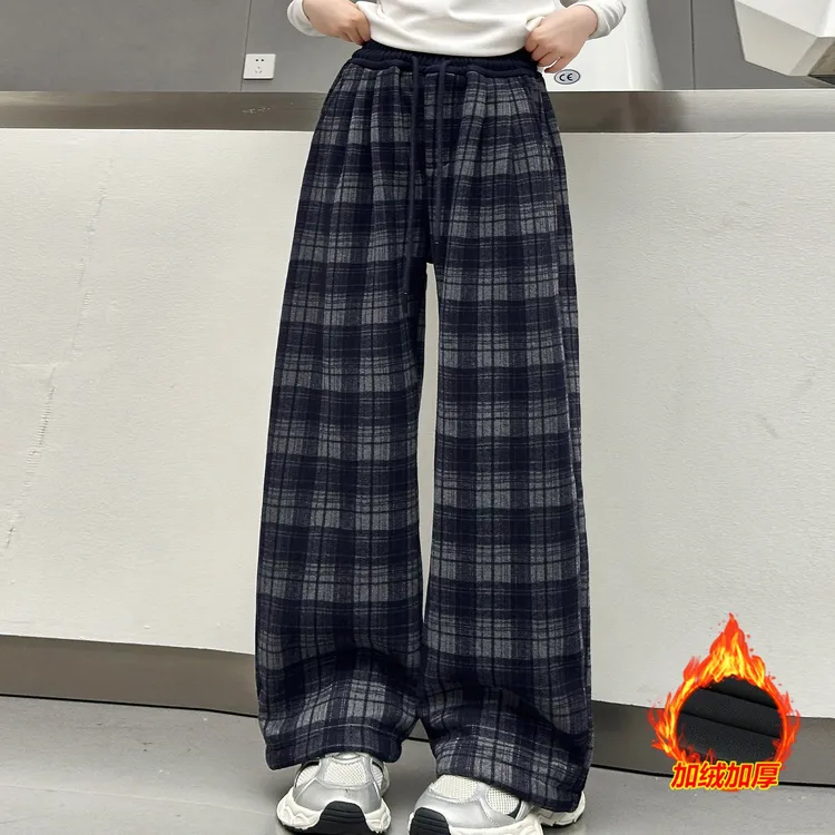 女童加绒裤子秋冬2025新款女孩大童格子阔腿裤儿童冬季加厚休闲裤