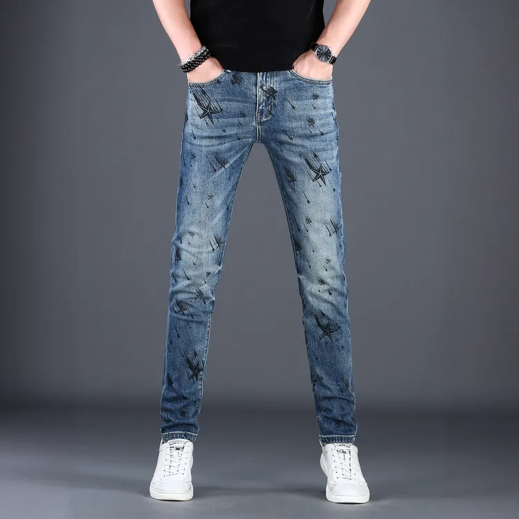 JJ高端流星印花牛仔裤男款修身小脚2025秋季新款爆款蓝色牛仔长裤