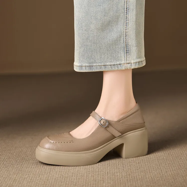 跟高6.5厘米/粗跟厚底小皮鞋休闲真皮单鞋复古一字扣带玛丽珍女鞋