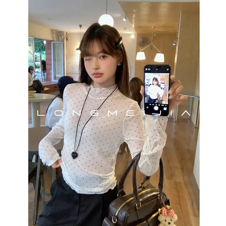 白色木耳边长袖T恤女2025早秋内搭波点网纱上衣绝美打底衫