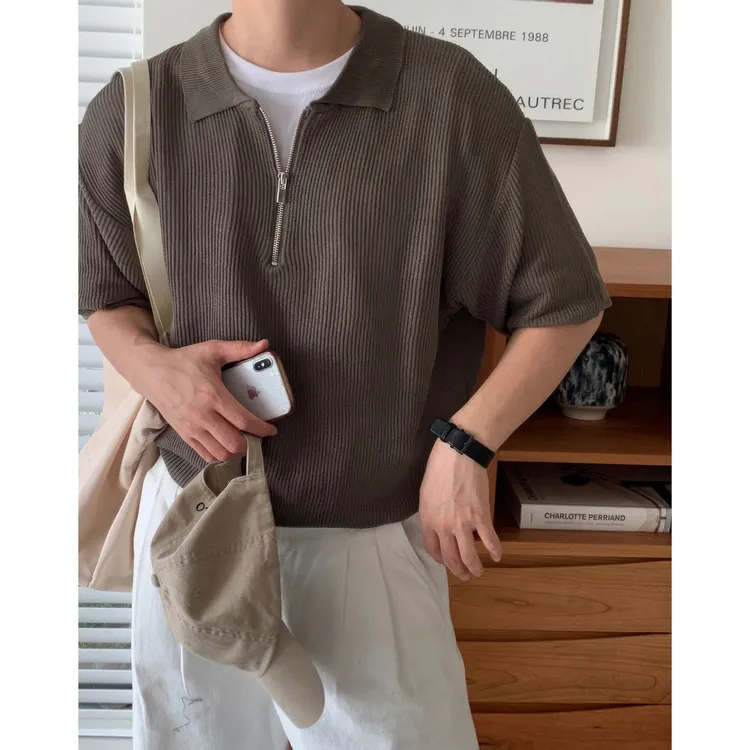 针织短袖Polo衫男夏季韩版简约舒适百搭宽松高品质半拉链半袖T恤