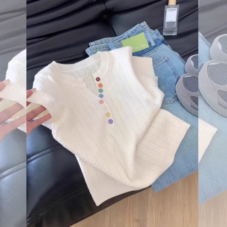 夏季显瘦彩色纽扣针织衫女士大码时尚百搭显瘦设计感短袖休闲上衣