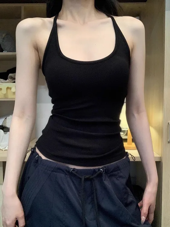 美式黑色挂脖吊带背心女内搭外穿美背带胸垫辣妹修身收腰打底上衣