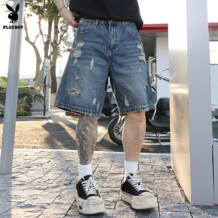 花花公子复古做旧水洗破洞牛仔短裤男士夏季潮牌五分直筒裤子潮流