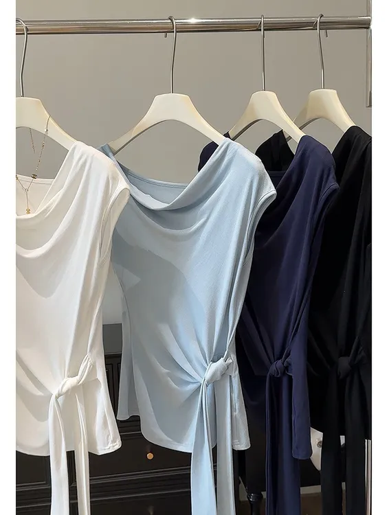 荡领一字肩斜肩修身T恤女2025年夏新款显瘦收腰上衣通勤气质短袖