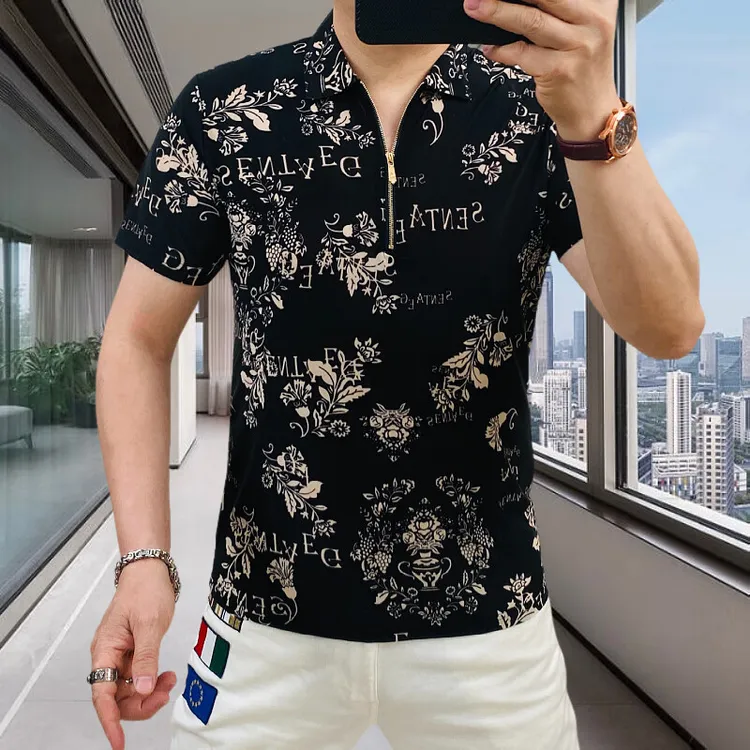 【奥莱折扣】欧洲站时尚男装数码印花半拉链翻领短袖