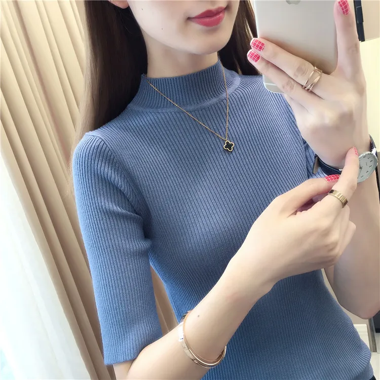 打底衫女春秋新品洋气内搭中袖紧身针织衫上衣五分袖薄毛