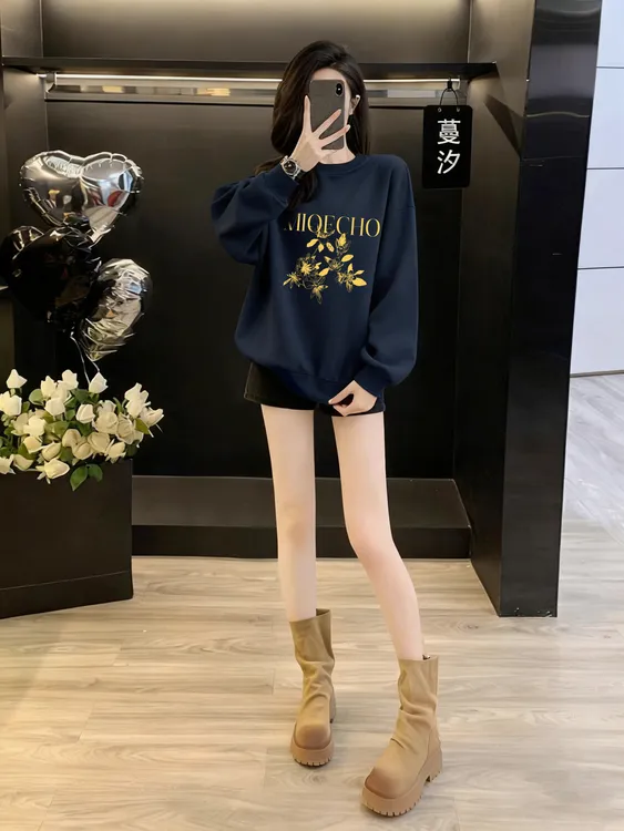 藏青色女士卫衣爆款2025新款洋气大码胖mm显瘦打底衫内搭上衣服女