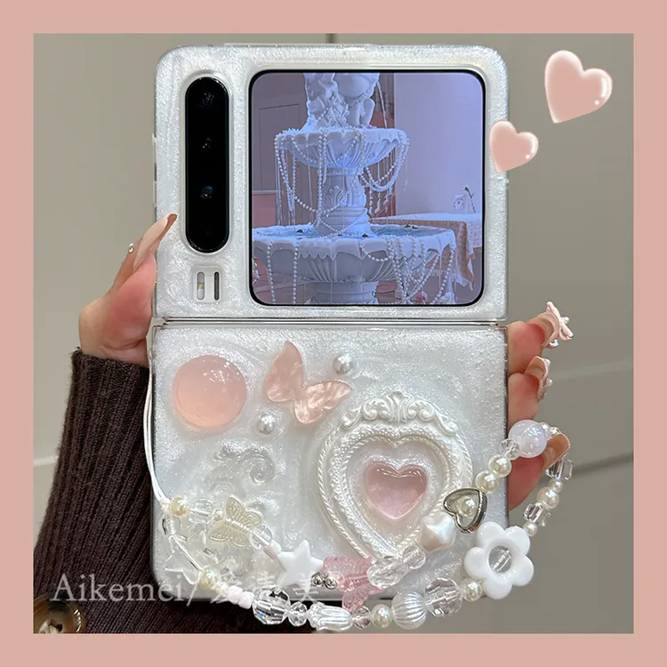 适用华为PuraX折叠屏手机壳pocket2滴胶立体爱心novaflip蝴蝶链条