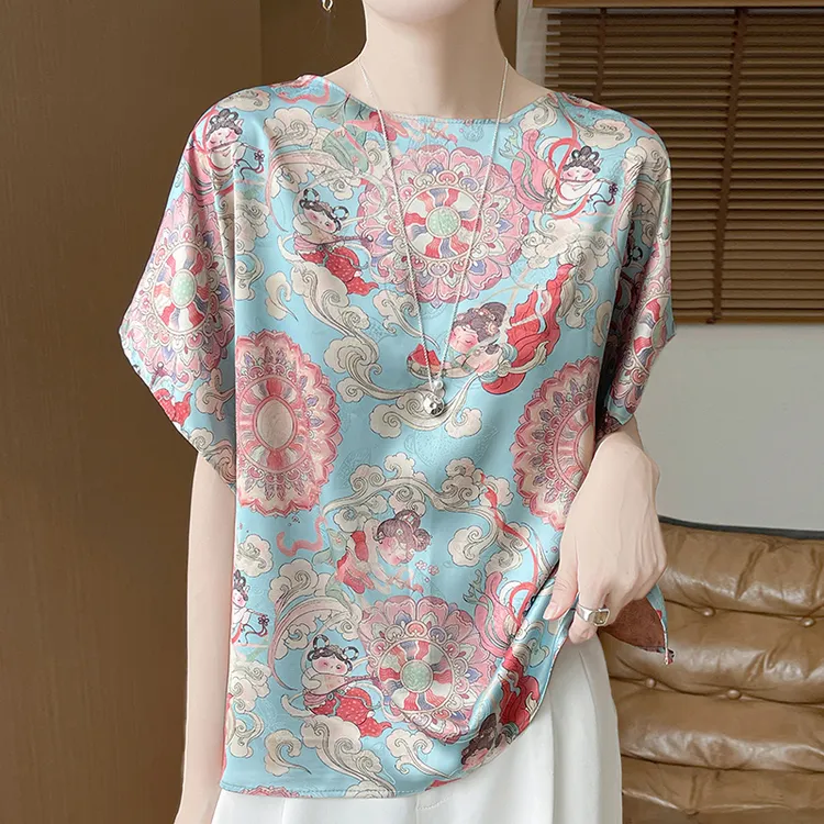 哥弟阿玛施正品夏季新款缎面国风圆领提花T恤衫宽松洋气小衫上衣