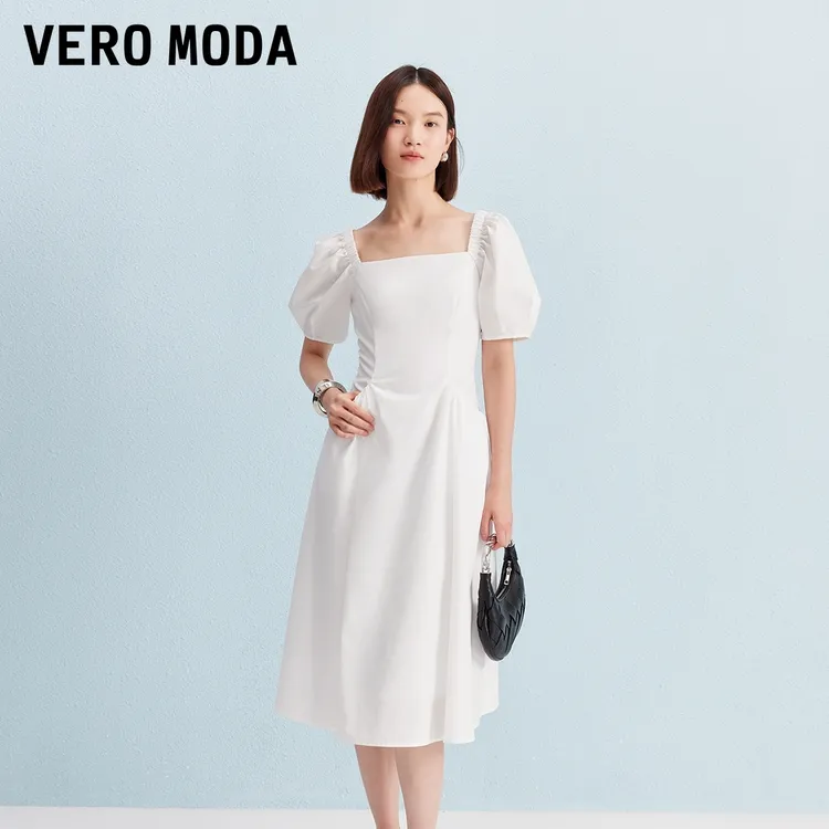 Vero Moda连衣裙2025新款方领含棉泡泡袖收腰A字裙老钱风松弛感