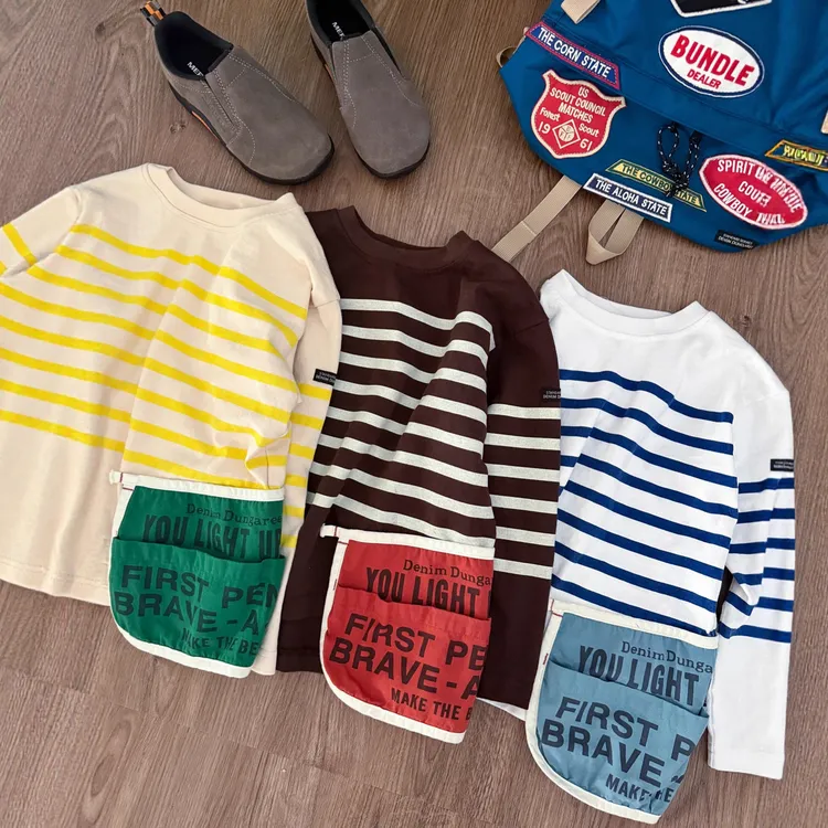 25年新款 秋季童装 男童女童 洋气口袋T恤帅气条纹圆领 长袖T恤