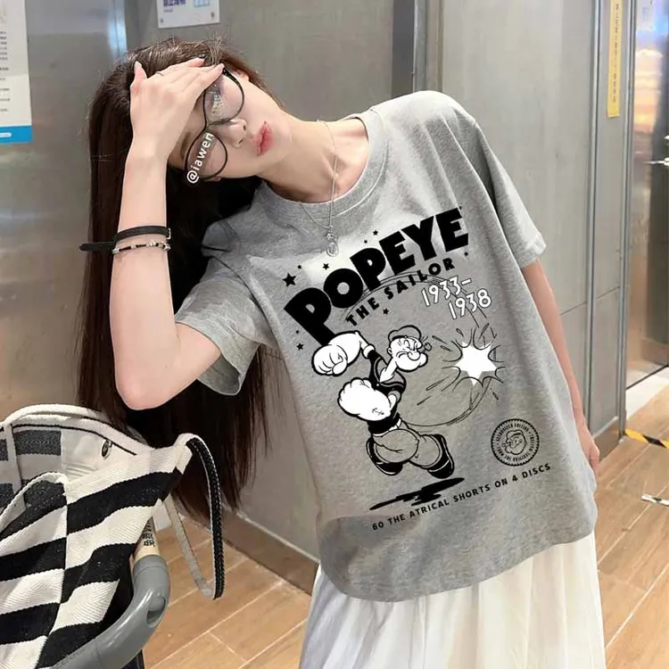 大力水手夏季女款纯棉短袖T恤上衣潮牌百搭新款半袖中长款休闲t恤