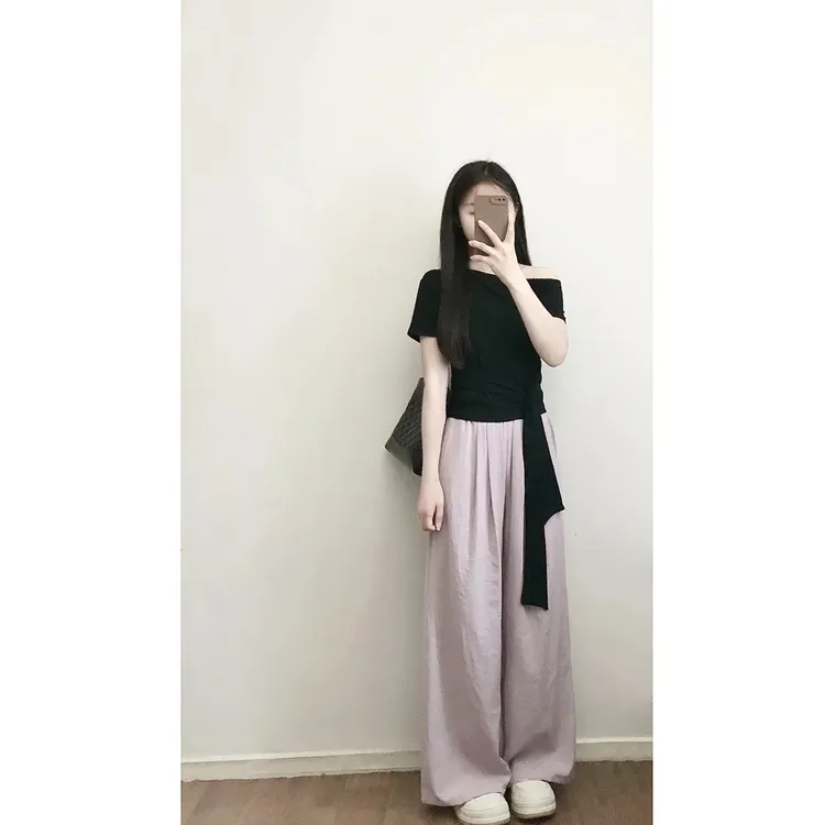 2025夏季新款韩系高级感不规则短袖上衣百搭紫色阔腿裤气质两件套