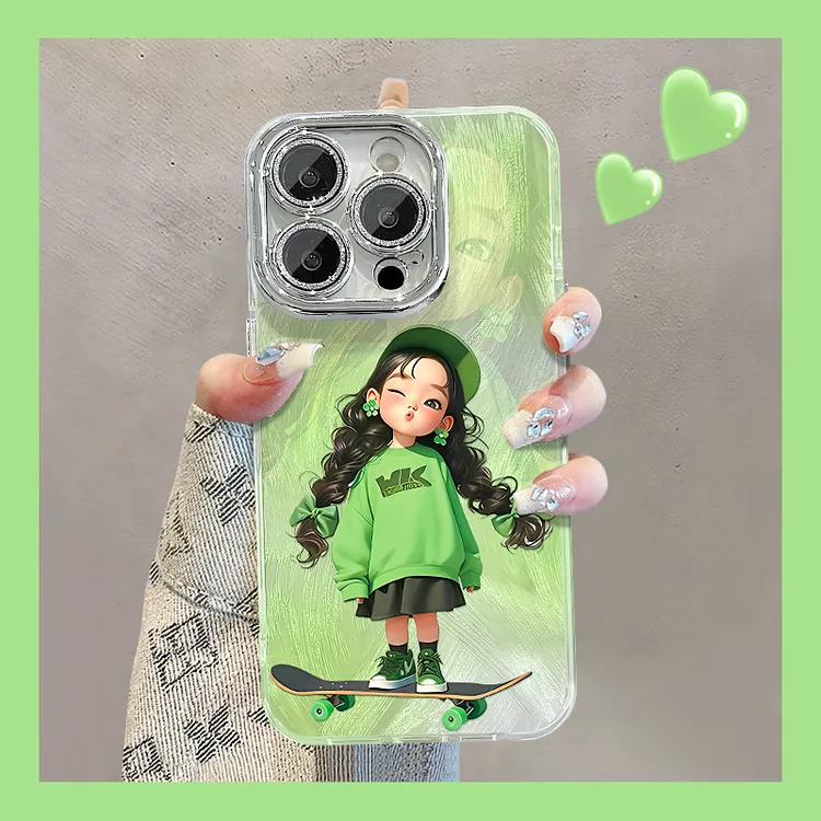 滑板女孩适用苹果15华为vivo/oppo小米iPhone16精孔羽纱纹手机壳