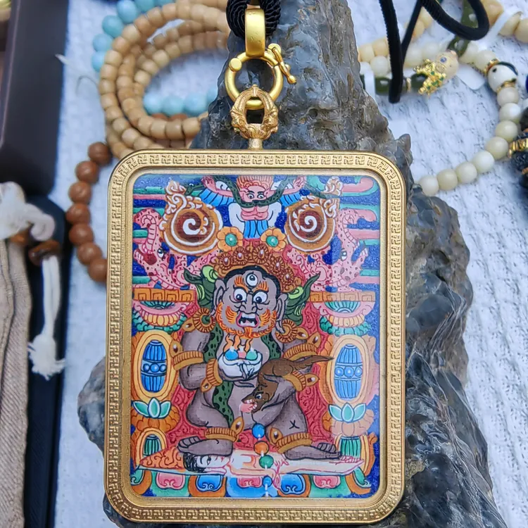 钛钢玻璃吊坠 精品纯手绘藏式黑财神唐卡卡吊坠高端五路财神招米