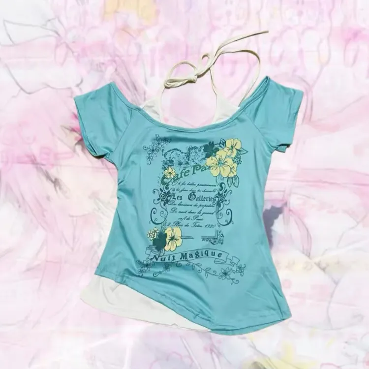 复古千禧辣妹撞色修身挂脖假两件短袖y2k亚文化涩谷辣妹印花T恤