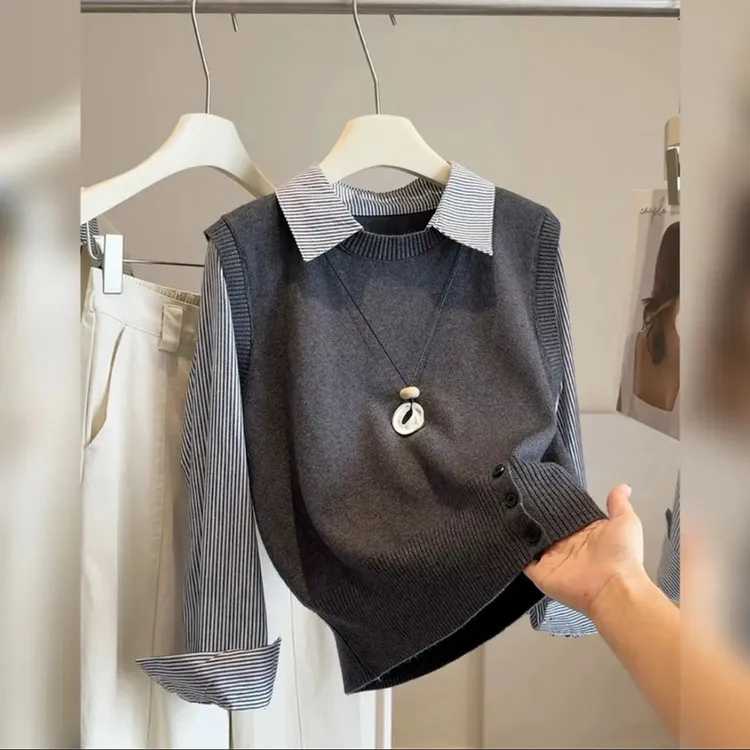 胖妹妹减龄百搭学院风休闲针织拼接条纹衬衫假两件秋冬显瘦女大码