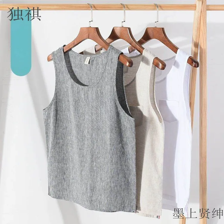 夏季运动健身打底薄款背心男色织亚麻背心青年宽松型透气潮男上衣