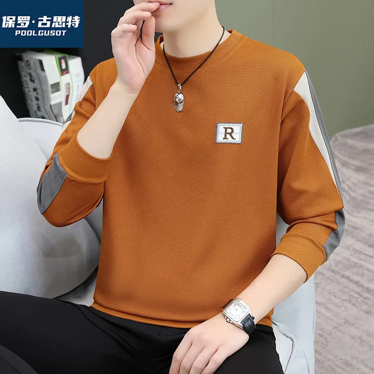 保罗·古思特秋季新款男士圆领卫衣时尚潮流拼接长袖休闲百搭套头