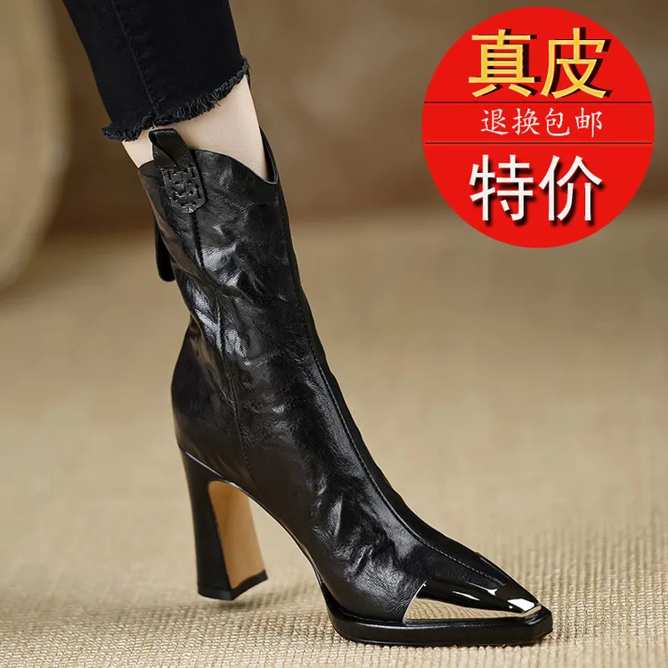 真皮复古风粗跟高跟鞋女2024秋冬新款金属头厚底防水台尖头马丁靴