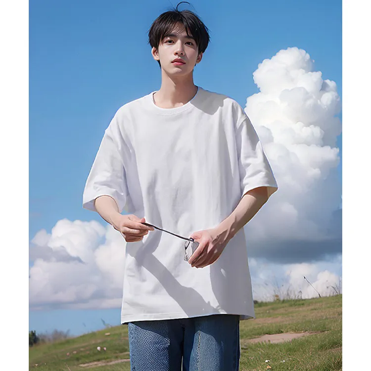 重磅纯棉T恤男士宽松纯色短袖上衣服夏季薄款圆领五分半袖打底衫