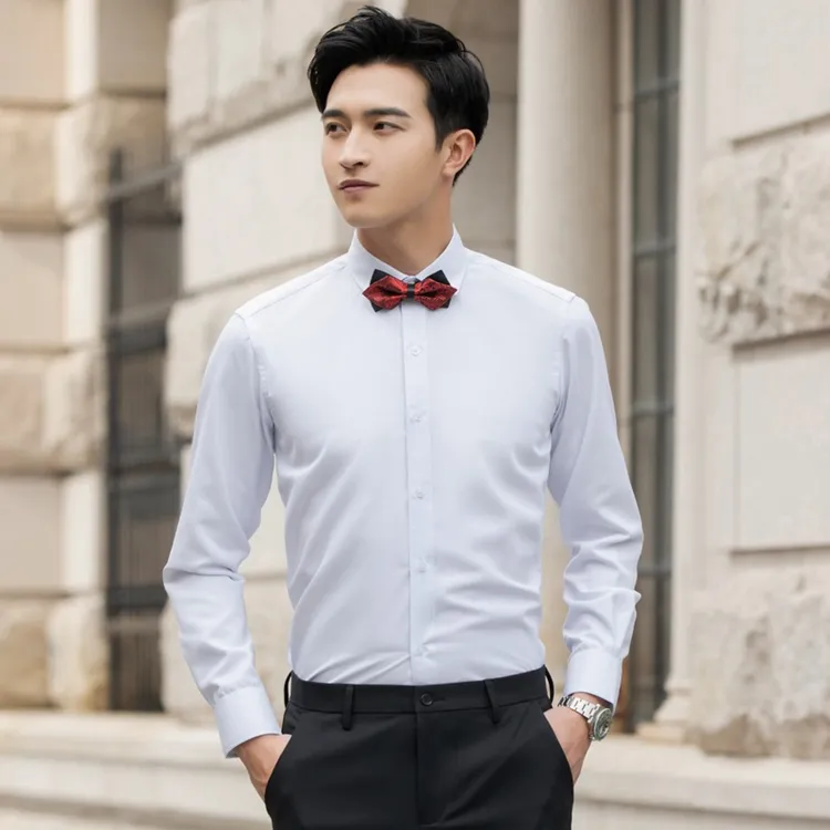 男士伴郎服兄弟团装白色衬衫新郎结婚长袖西裤套装纯色休闲衬衣