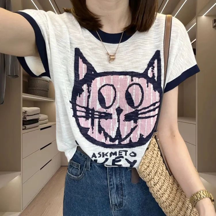 猫咪印花插肩袖设计感休闲上衣女夏季爆款小众别致圆领短袖t恤潮