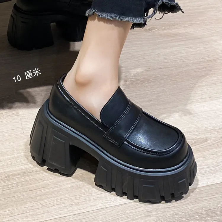 超高粗跟厚底乐福单鞋女新款真皮玛丽珍10厘米小个子增高小皮鞋女