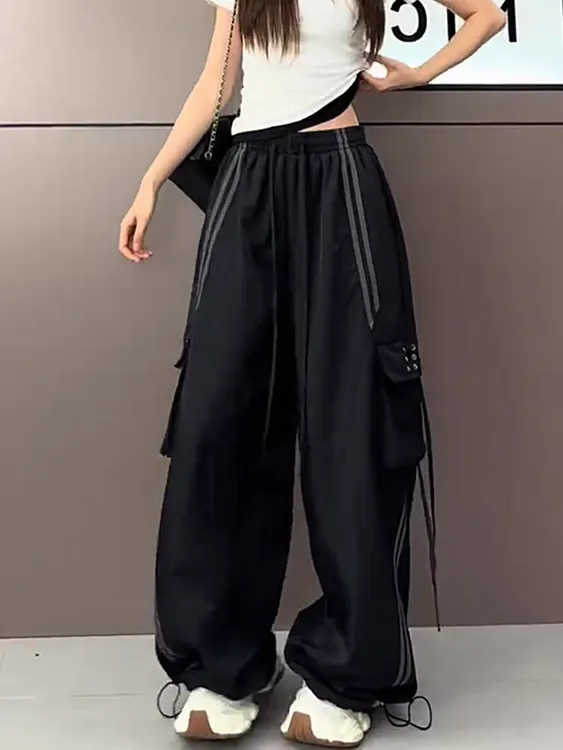 美式速干运动黑色三条杠直筒工装裤2025夏季新款轻薄宽松阔腿裤女