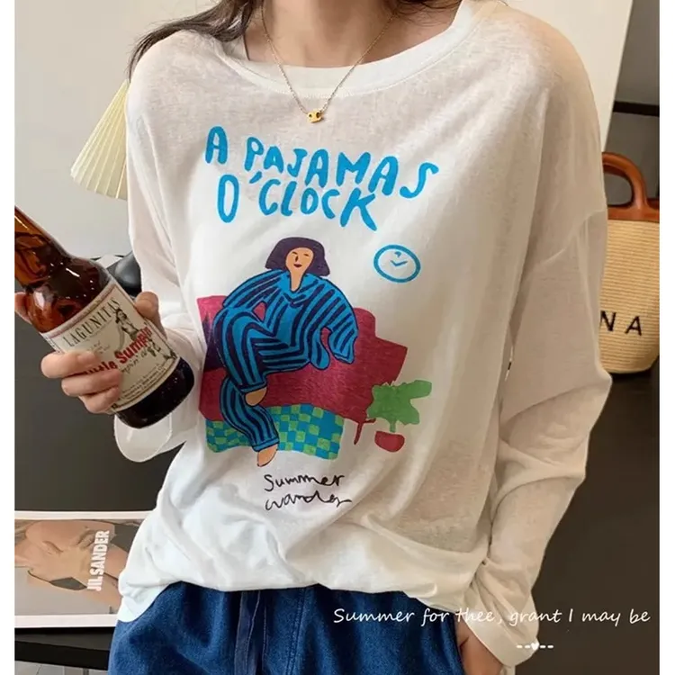薄款百搭防晒透气外搭长袖T恤女春夏季新款圆领卡通印花休闲上衣