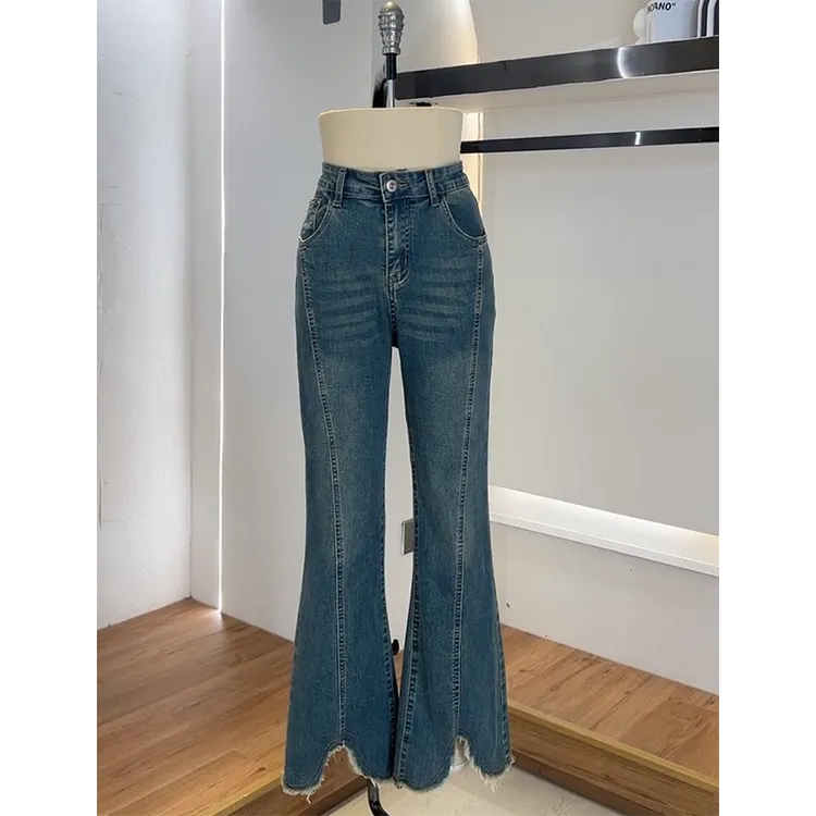 300斤美式复古毛边微喇牛仔裤女新款大码胖mm高腰弹力显瘦喇叭裤